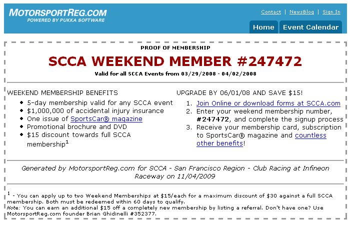 SCCA Weekend Membeship Certificate
