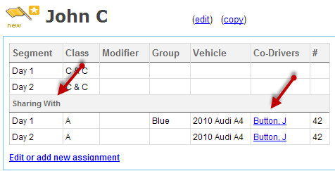 View of a team created by Co-Driver Picker